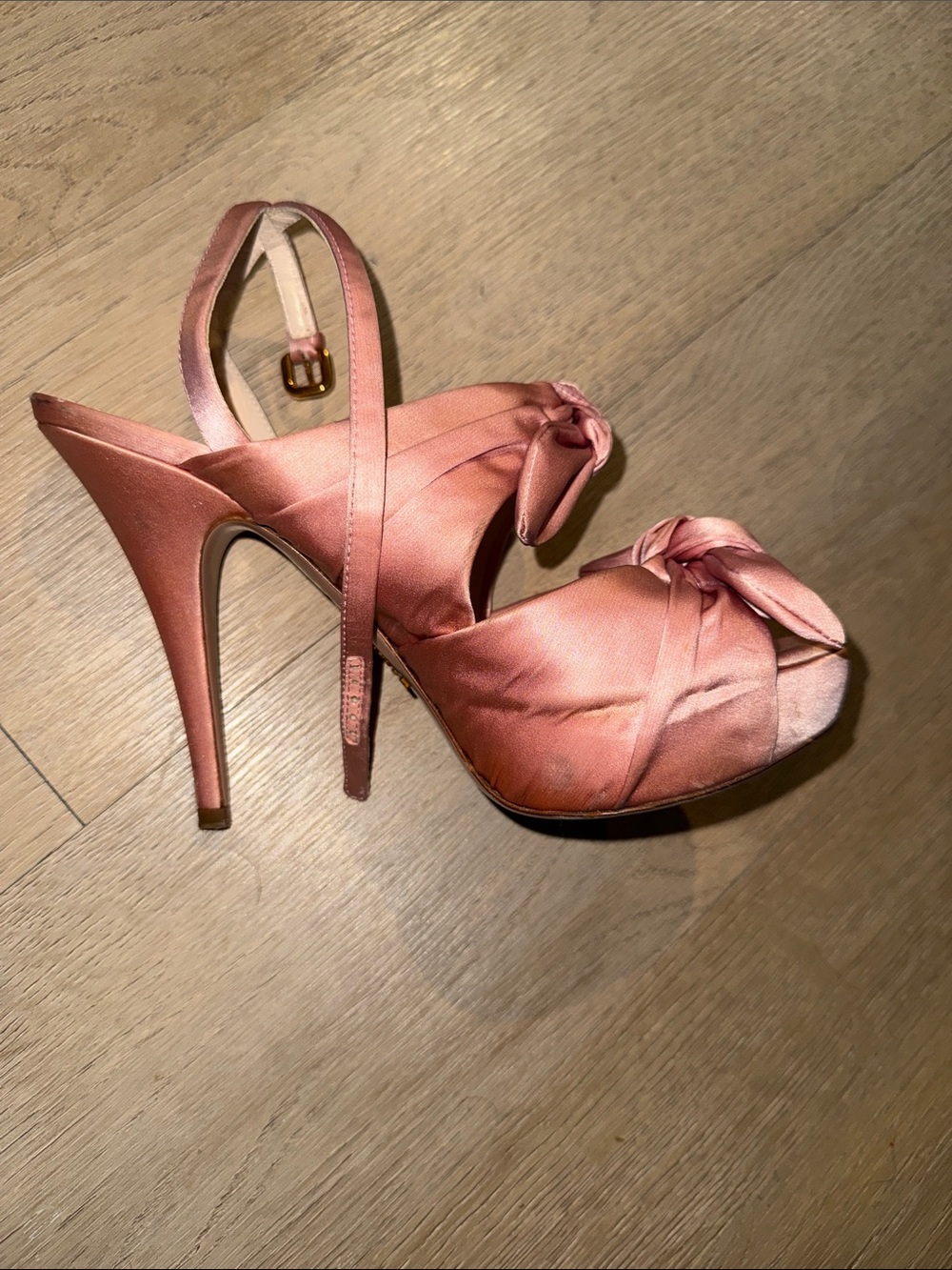 Prada Rose Pink Satin Knotted Slingback Heels - Picture 4 of 11